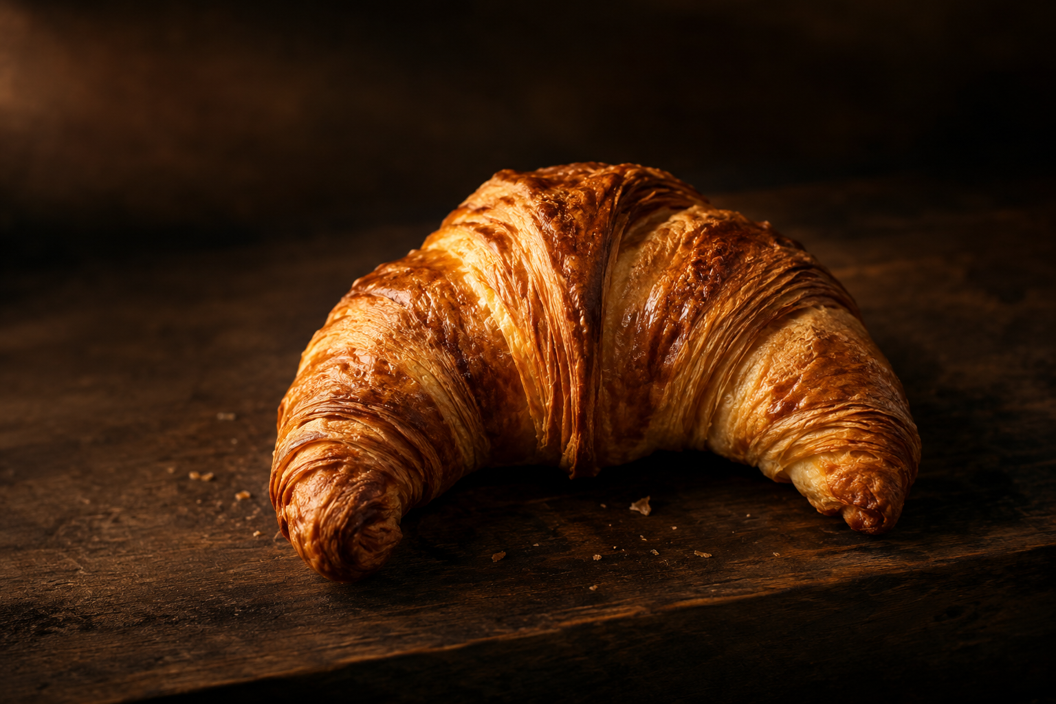 Croissant artesanal dorado, con capas hojaldradas y corteza crujiente, fotografiado sobre madera oscura